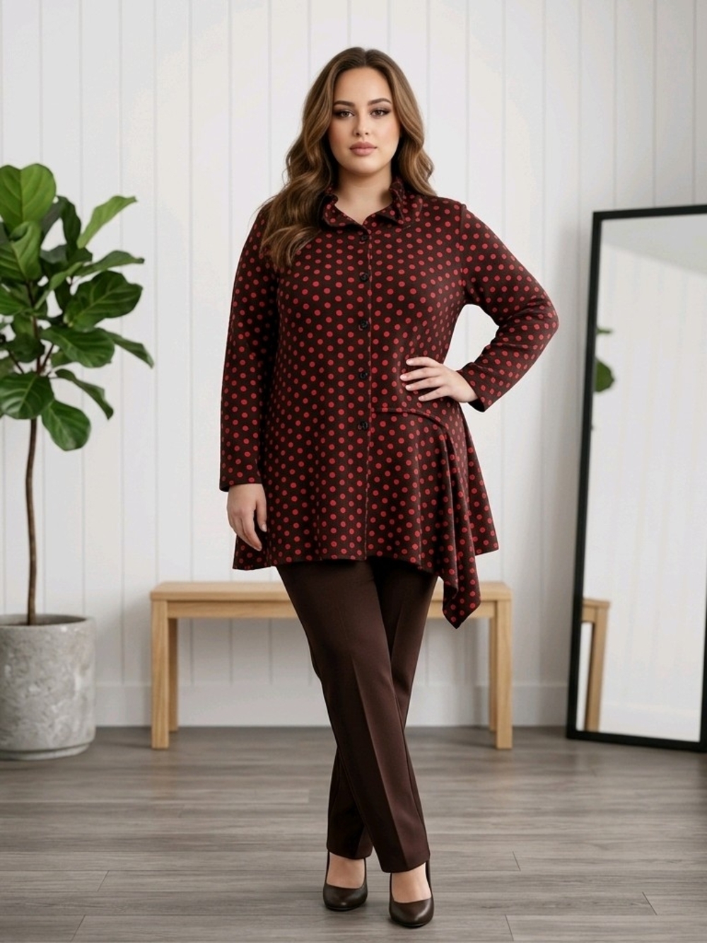 Plus Size Red Polka Dot Asymmetric Button-Front Tunic